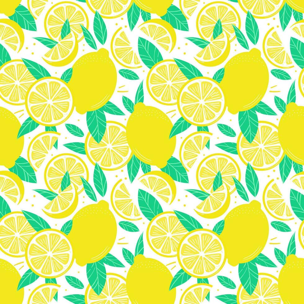 Lemon vector pattern, citrus fruit seamless repeating background, perfect summer print with tropical fruits