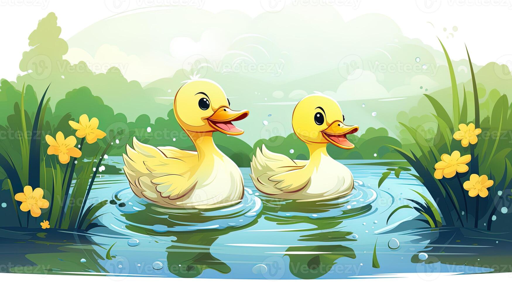 Ducks swimming in the river, generated by AI photo