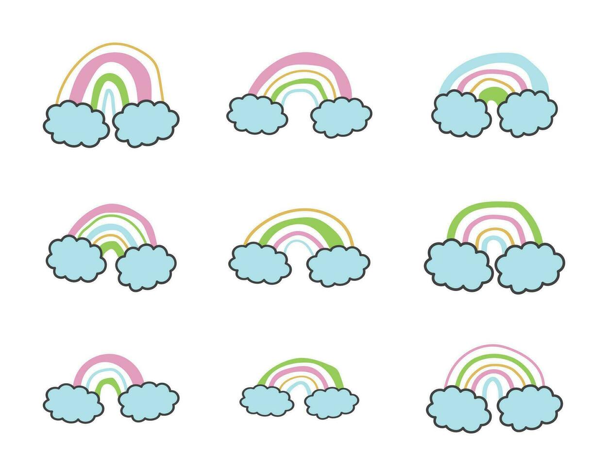 Set of colorful rainbow with clouds aesthetic element art decoration. vector