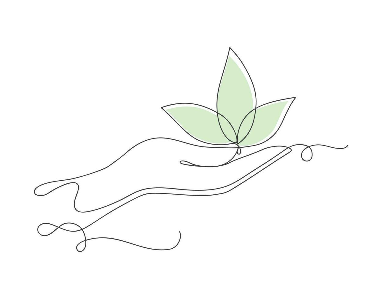 Continuous one line leaves in a hand sign of environmental protection icon. vector