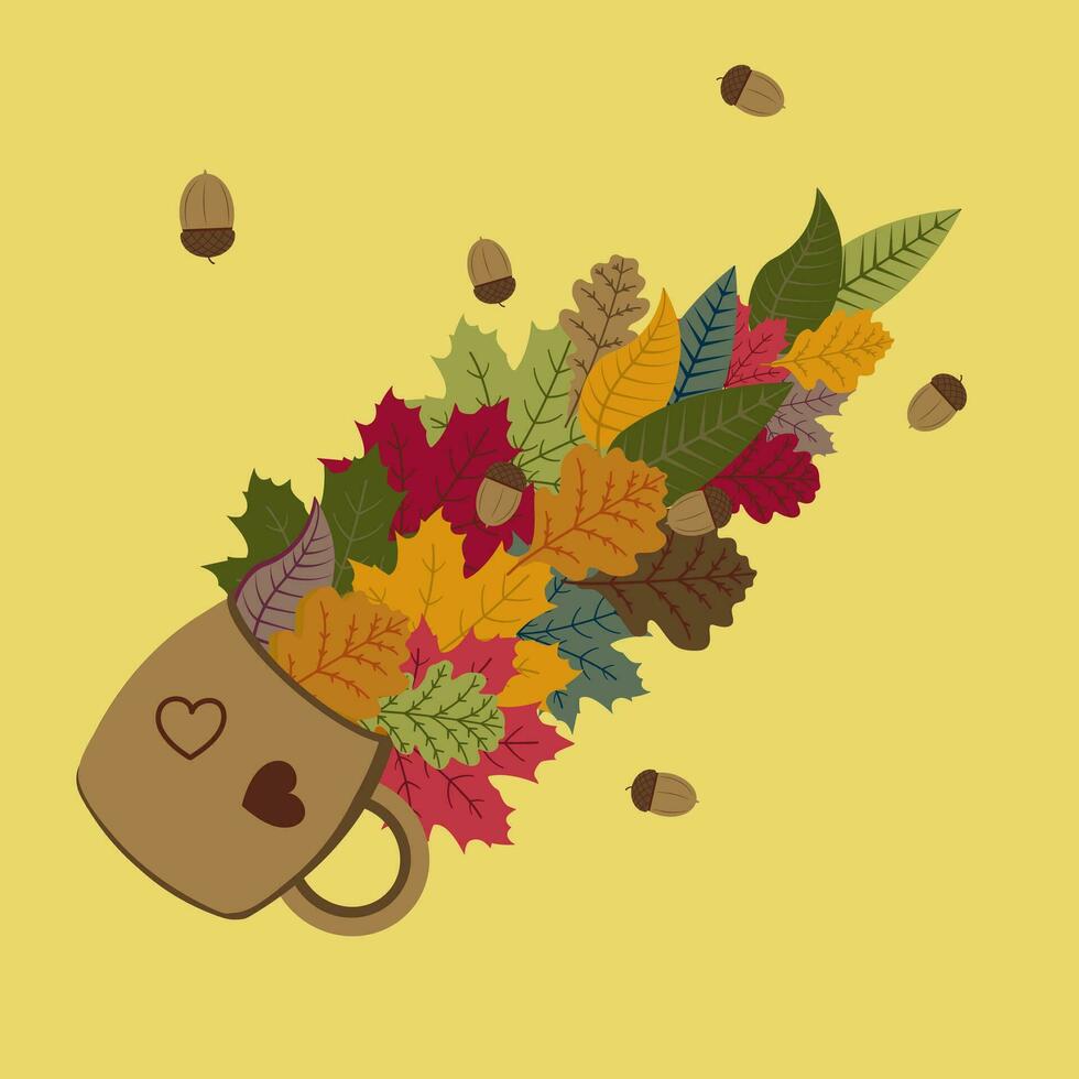 Autumn leaves and acorns pour out of the mug vector