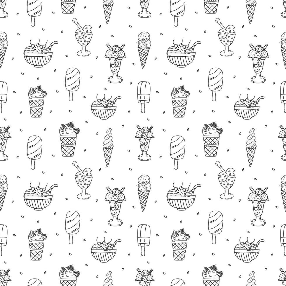 Seamless pattern with different ice cream. Vector doodle