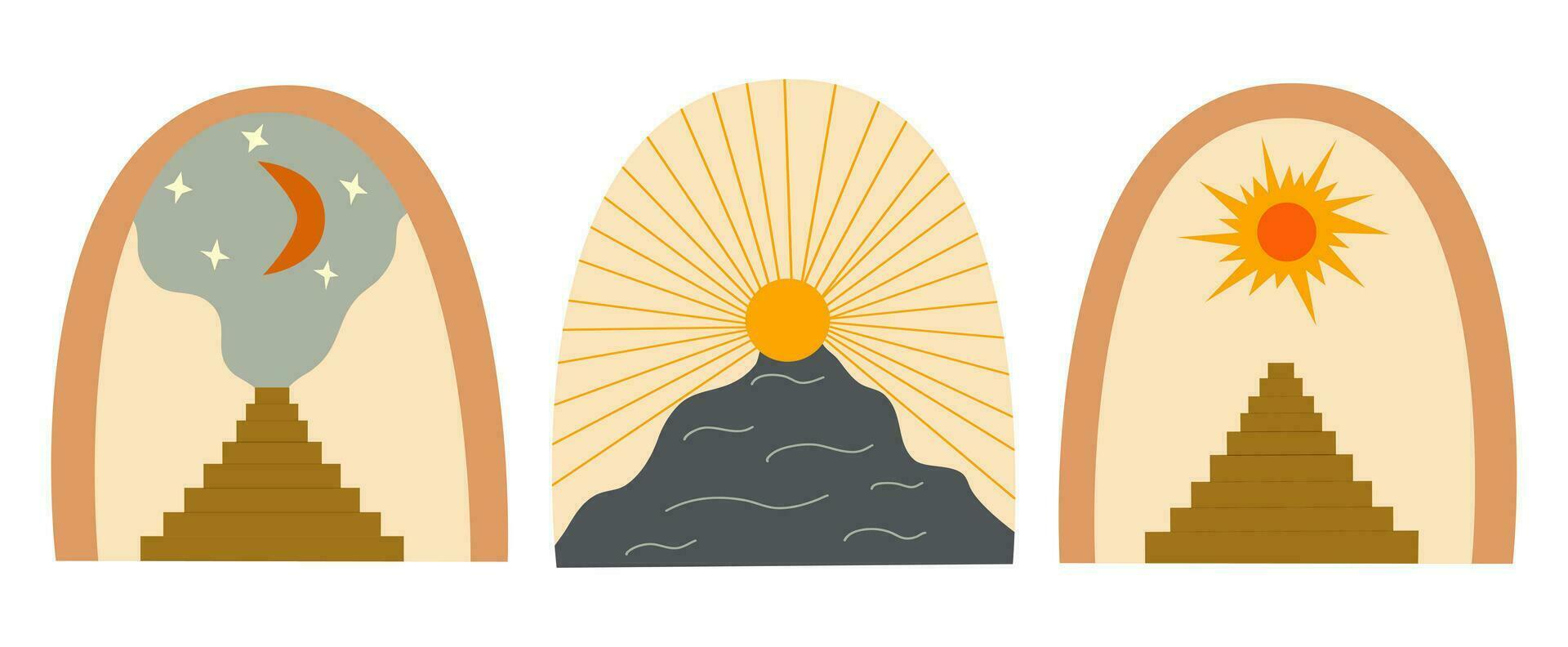 Set of abstract art arch and sun. Vector card