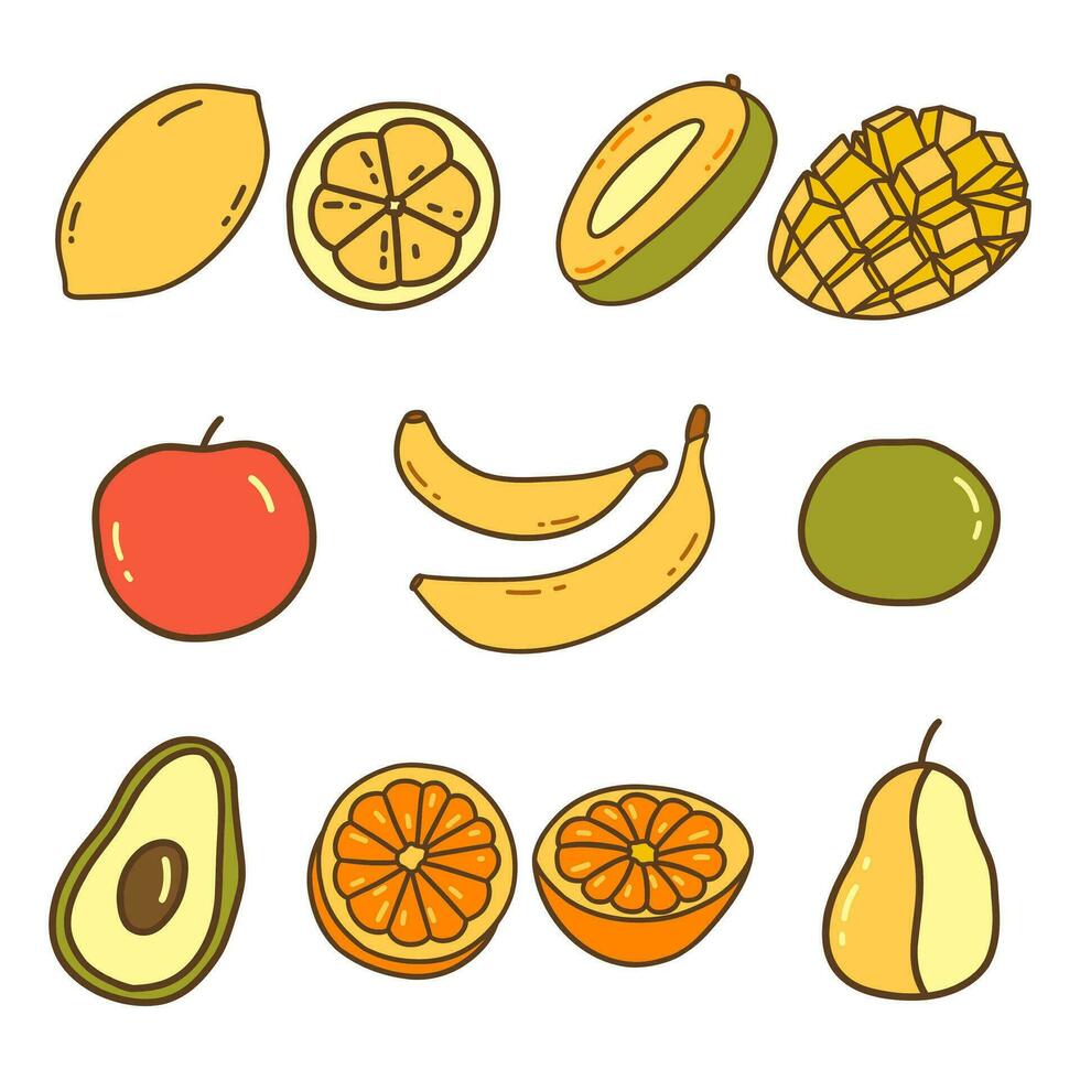 Set of delicious ripe fruit. Vector doodle