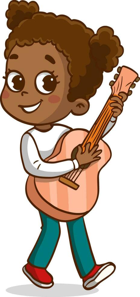 afro americano pequeño linda niña jugando guitarra dibujos animados vector