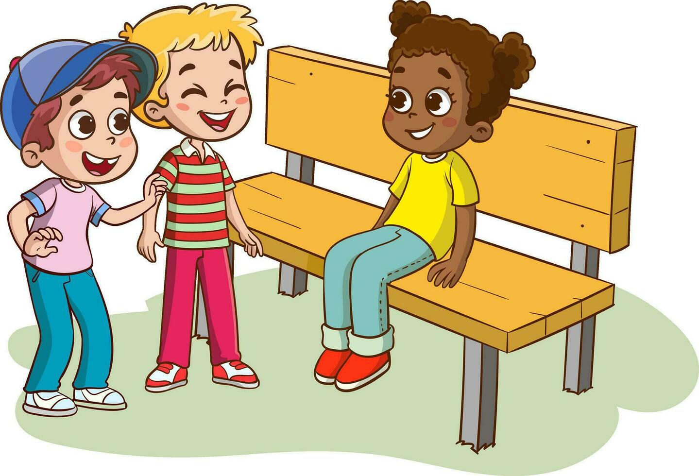 Happy multiethnic mixed age kids are sitting on a bench and chatting. Girl happily talking smiling and laughing. vector