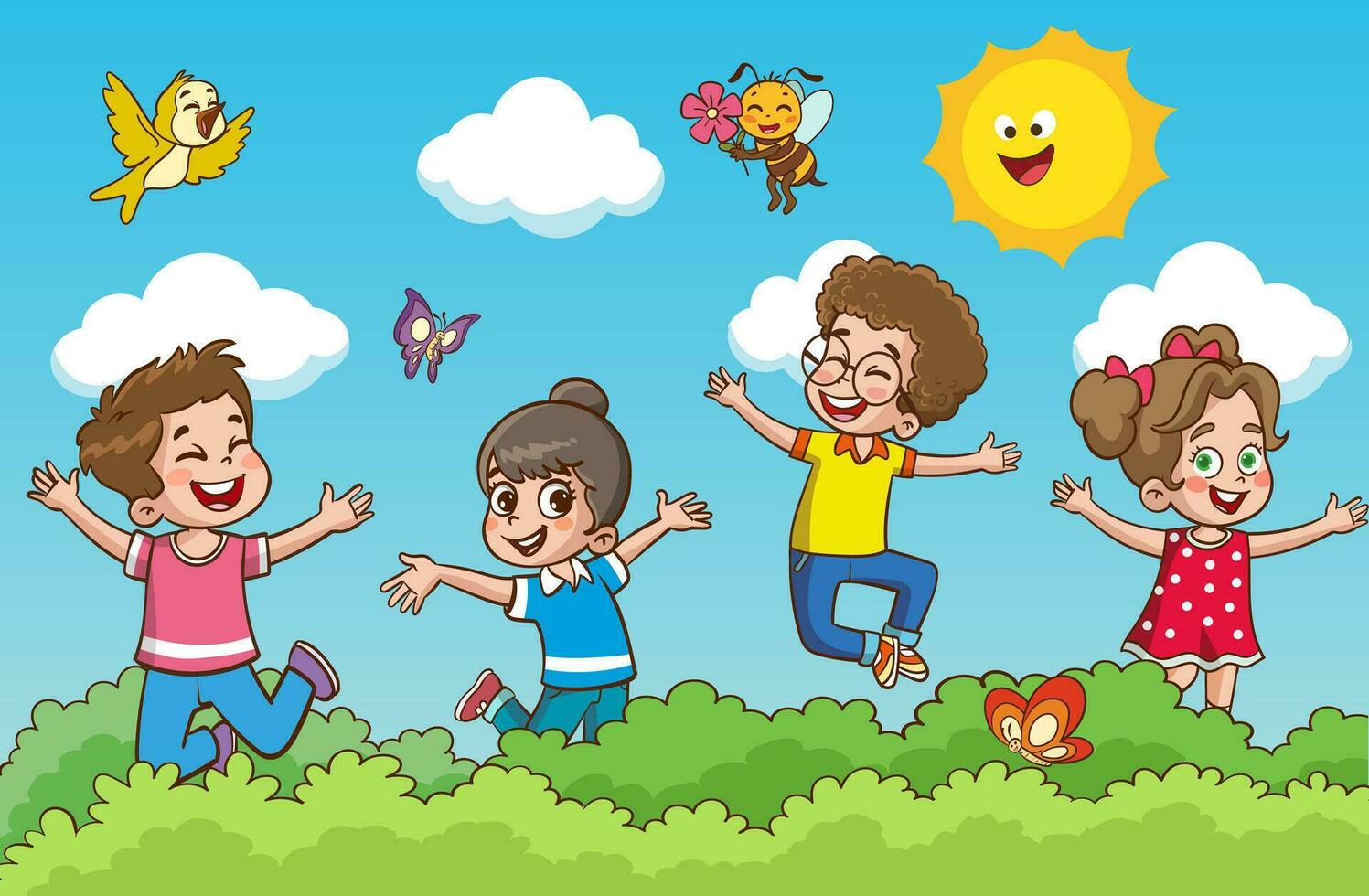 little kid play together with friend and feel happy vector