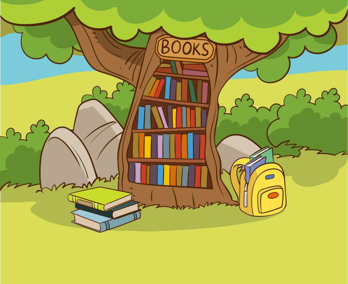 .Books day, outdoor library for smart animals. Book reader, cute woodland life and back to school classy vector scene