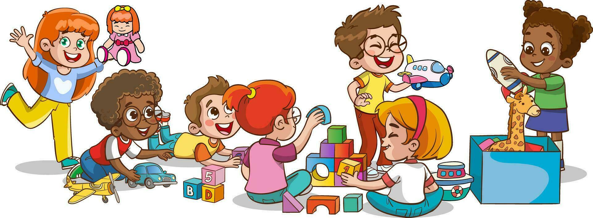 cute kids playing with toys together vector