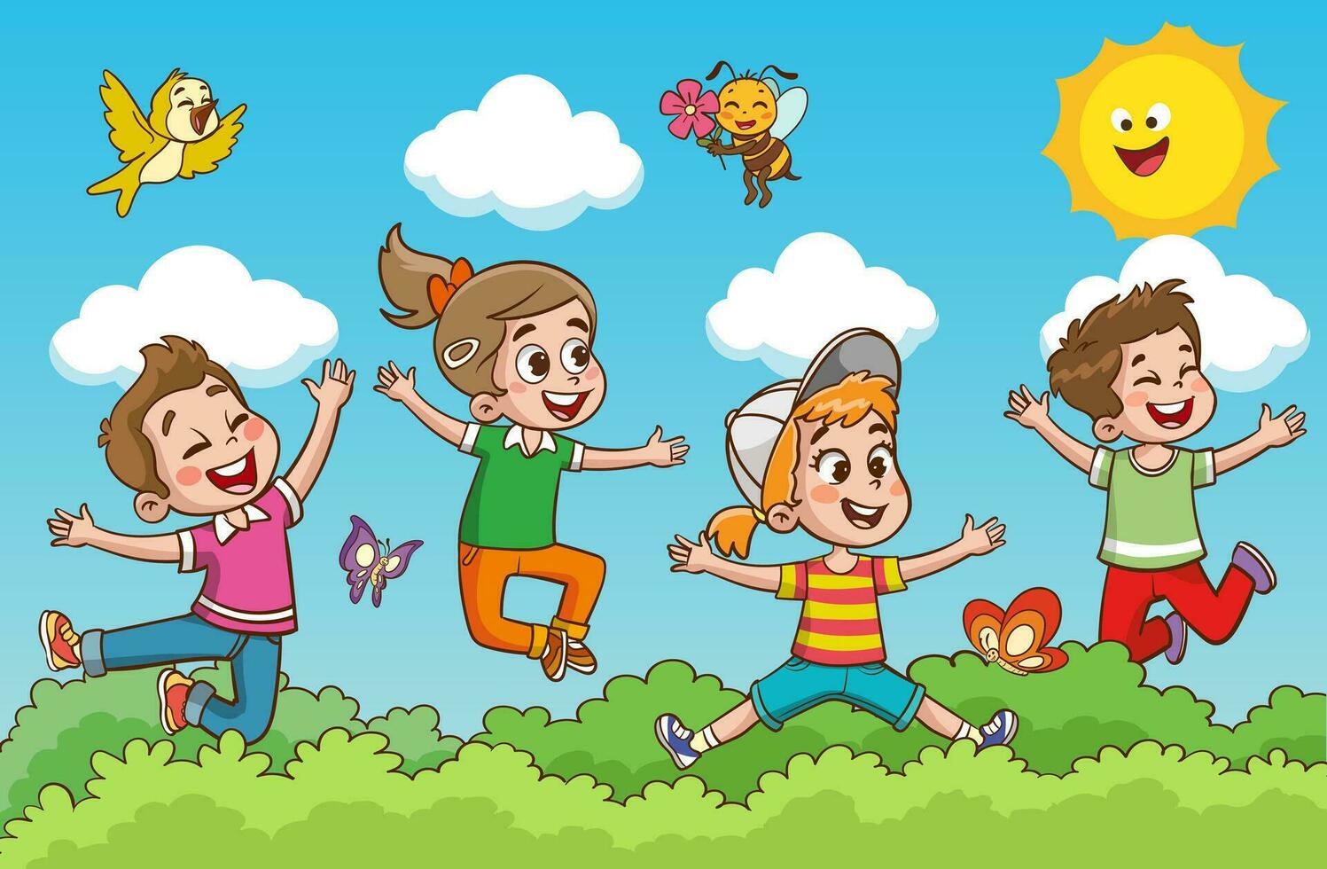 little kid play together with friend and feel happy vector