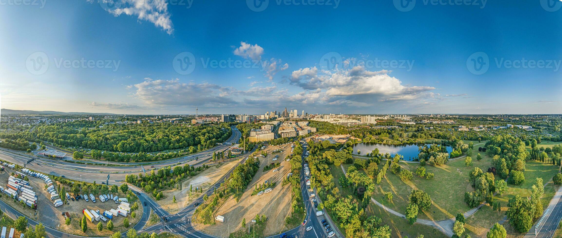 Wide angle drone panorama over the German city Frankfurt am Main during sunset photo