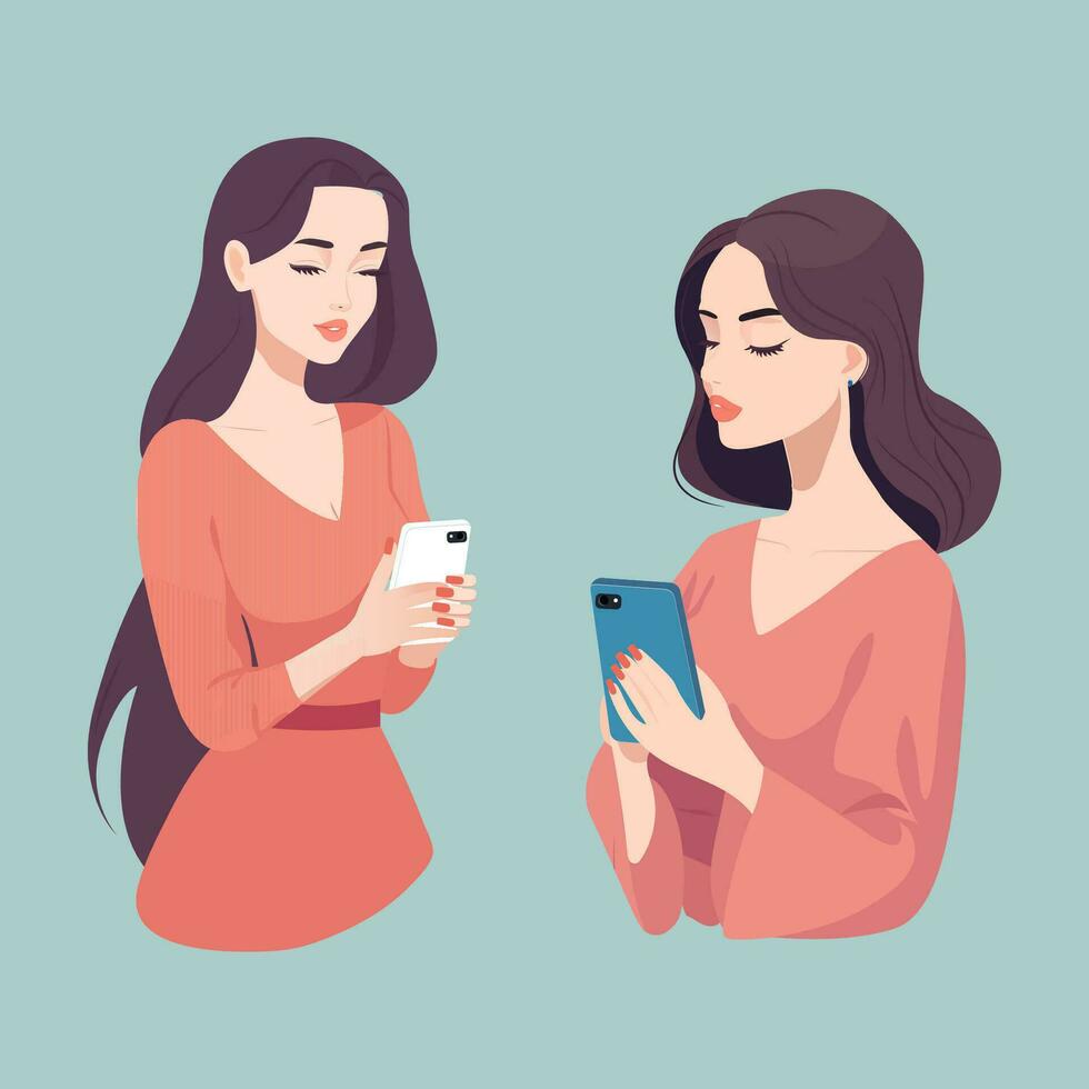 Set girl looking at a smartphone vector