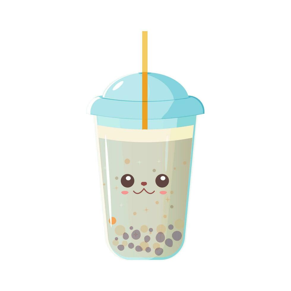 Coffee, milk, frappe bubble tea with a cute face vector