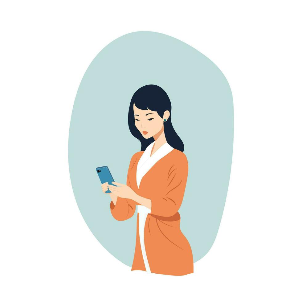 Asian girl holds and watches the phone vector