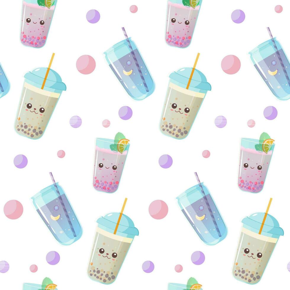 pattern of bubble tea and tapioca in a kawaii vector