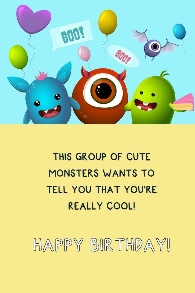 cute monsters happy birthday greeting vector