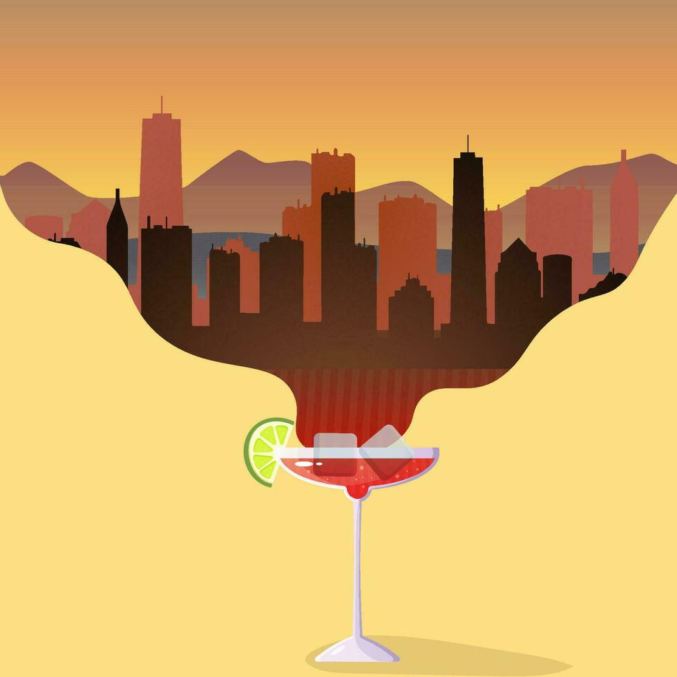Out of the cocktail comes the city at sunset vector