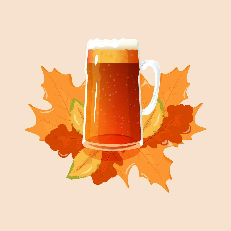 A mug of beer on a leafy background. oktoberfest vector