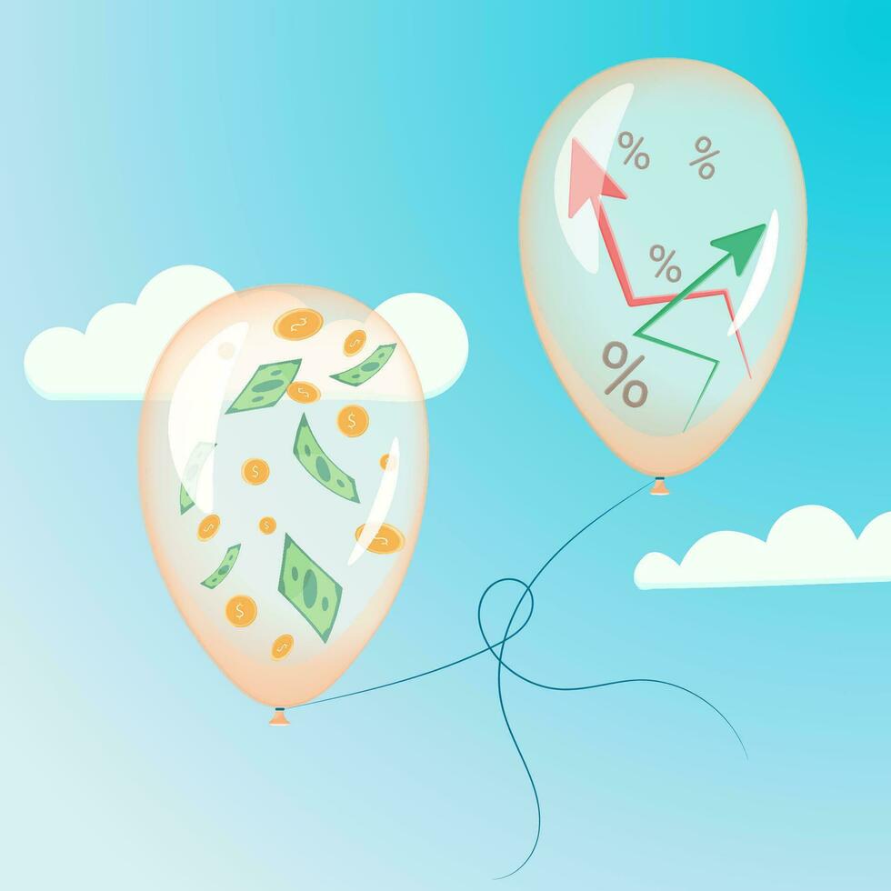 balloons in the sky with money and stocks vector