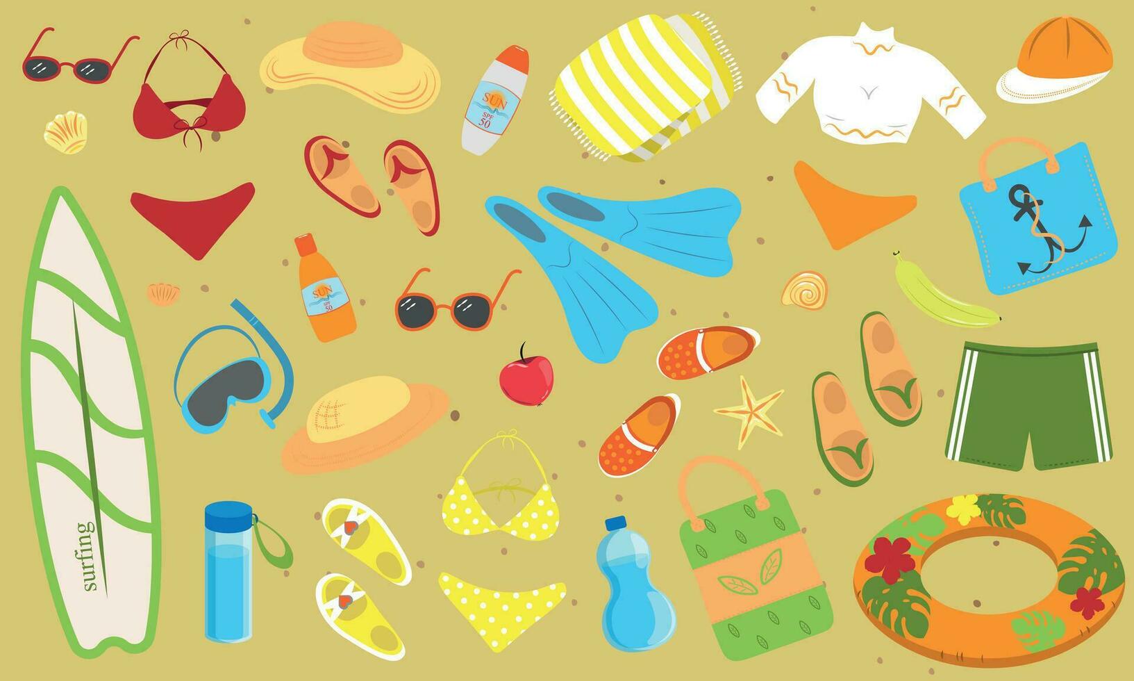 A large set of items for a beach holiday vector