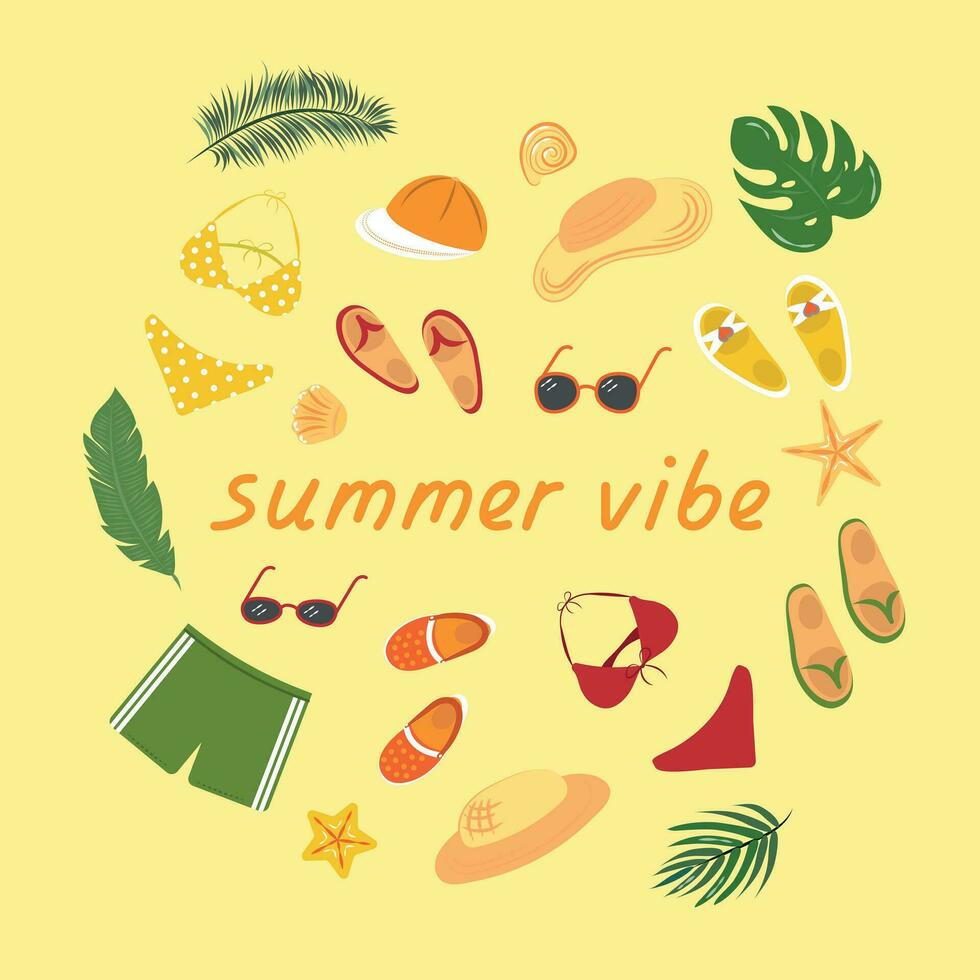 ilustración con ropa de playa, conchas marinas y tropical hojas con subtítulo verano ambiente vector