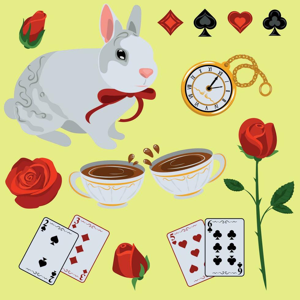 A set of clipart with rabbit, cups, cards, clock, rose vector