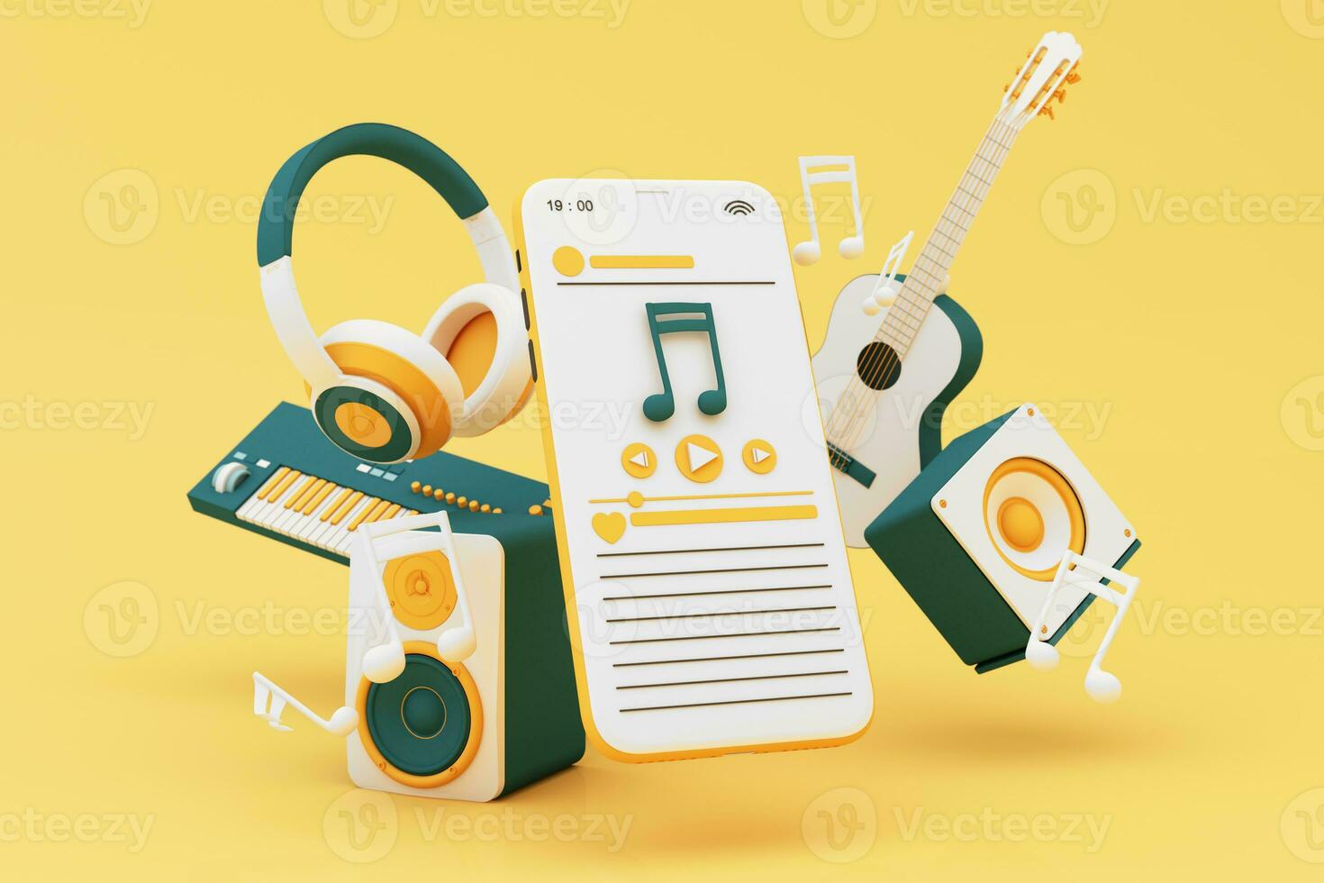 Headphones and smartphone with music notes floating on yellow background surrounded by Speaker with musical instruments. concept of fun song or music festival. 3d render illustration cartoon style photo