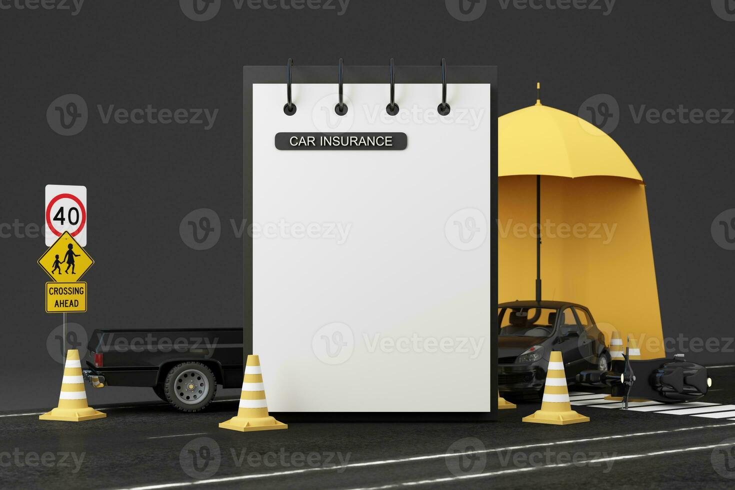 Car protection and safety assurance concept, car insurance web banner design. small yellow automobile hatchback under the yellow umbrella isolated on white background. cartoon style. 3d rendering photo