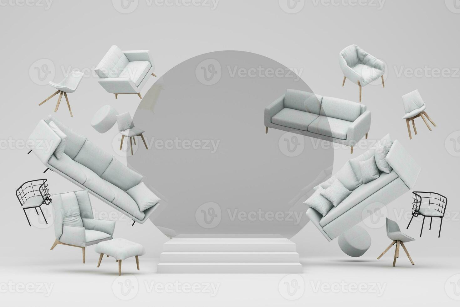 interior design concept Sale of home decorations and furniture During promotions and discounts, it is surrounded by beds, sofas, armchairs and advertising spaces banner. white background. 3d render photo