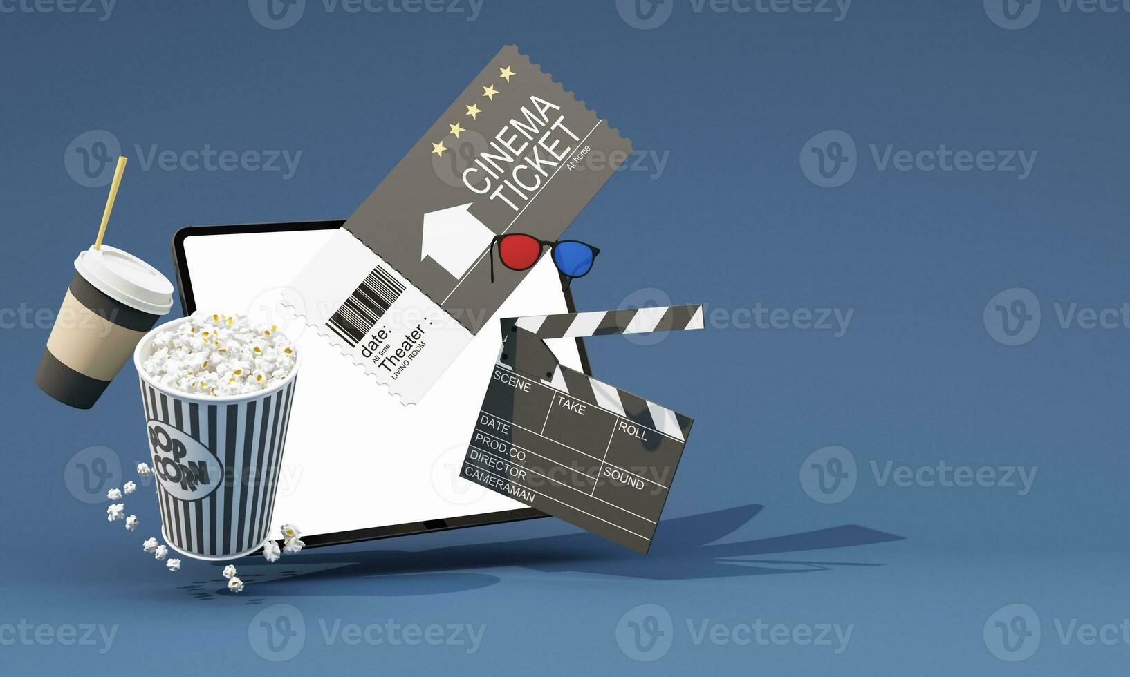 Movie time 3d render illustration. Cinema poster concept on color background. Composition with popcorn, clapperboard, 3d glasses and filmstrip. Cinema banner design for movie theater. photo