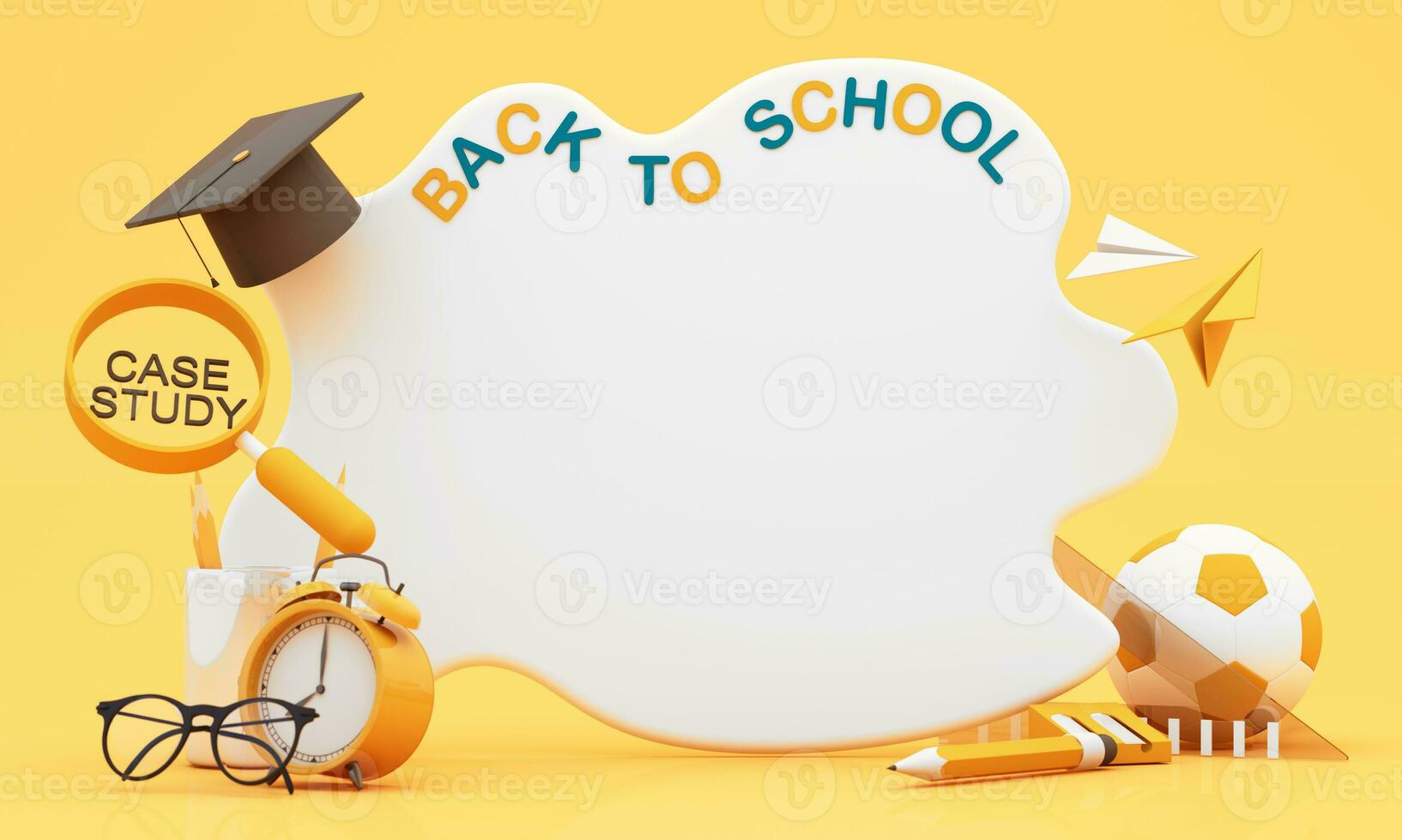 write board with books and accessory on yellow background. degree achievements education and Free space for announcing the opening of the study. Back to school concept 3D Rendering, 3D Illustration photo