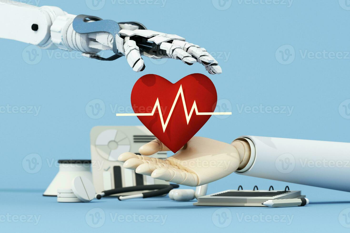 heart shaped first aid kit with medicines for drugstore category, pill box, stethoscope, and vaccine with and lots of pills and capsules with robot hand AI cartoon. 3d render BeHealthy photo