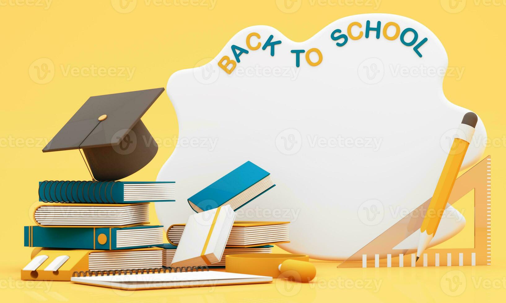 write board with books and accessory on yellow background. degree achievements education and Free space for announcing the opening of the study. Back to school concept 3D Rendering, 3D Illustration photo