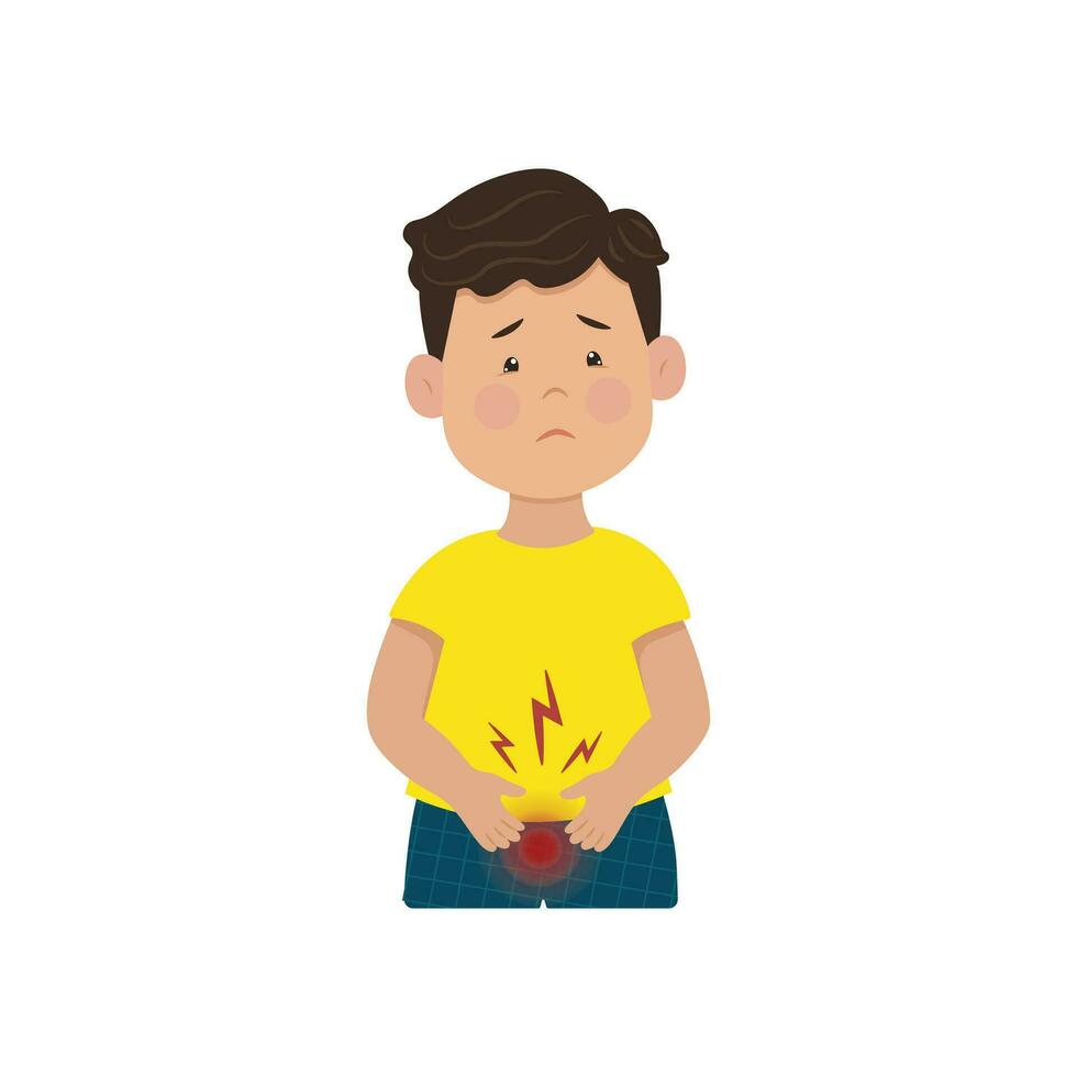 Cystitis in children, The boy holds his lower abdomen, Pain during urination. Vector illustration. Kid infections