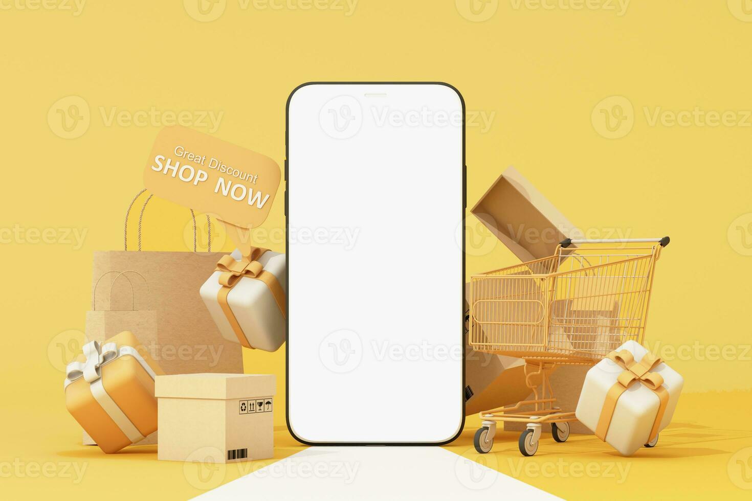 shopping sale promotion banner. shopping cart, balloon and gift box with shopping bag. Concept of great discount, suitable for black friday and anniversary on pastel background. 3d rendering photo