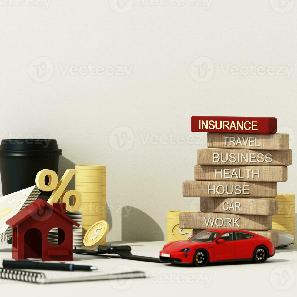 Model of house and a car  with money and screen gadget in the concept of real estate insurance and family financial future planning On a white background, cartoon style. 3D rendering. photo