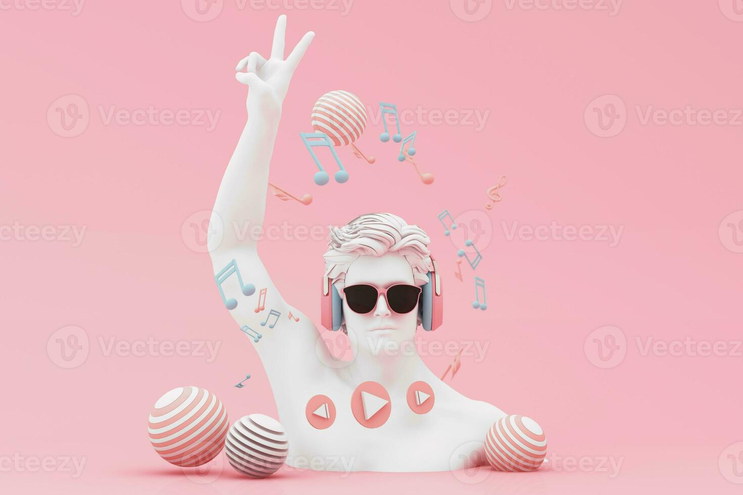 Headphones and smartphone with music notes floating on pink background surrounded by Speaker with musical instruments. concept of fun song or music festival with human head sculpture. 3d rendering photo