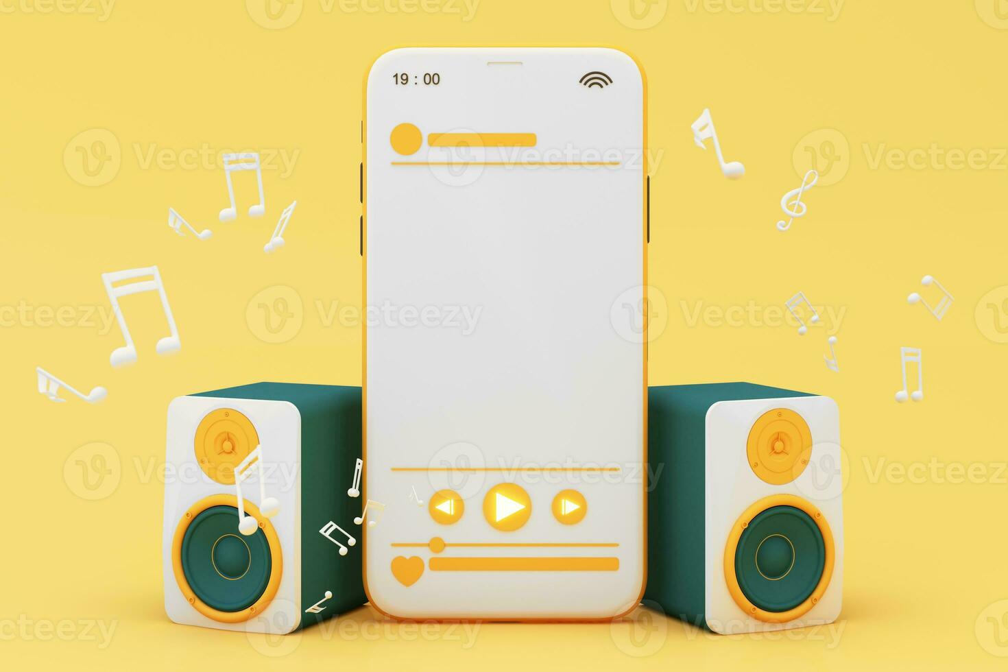 Headphones and smartphone with music notes floating on yellow background surrounded by Speaker with musical instruments. concept of fun song or music festival. 3d render illustration cartoon style photo