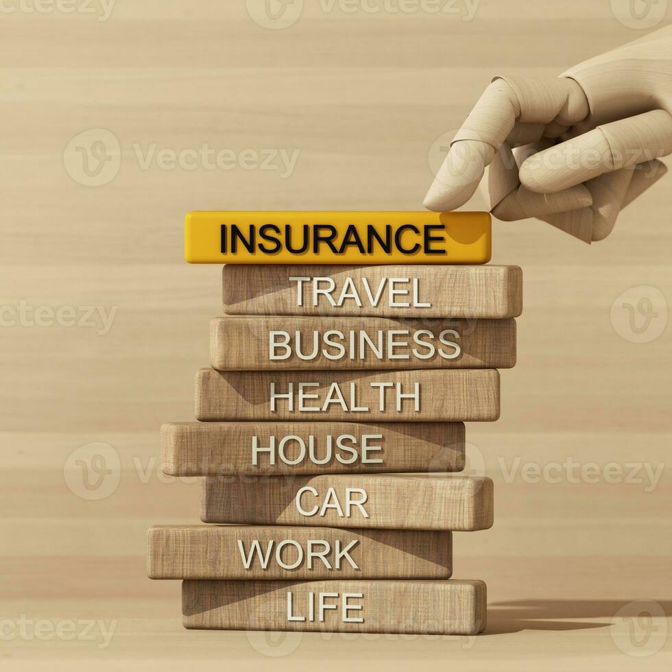 Model wooden hand moving wooden stick with text in concept of life insurance and security future financial plans and stability. 3d rendering photo