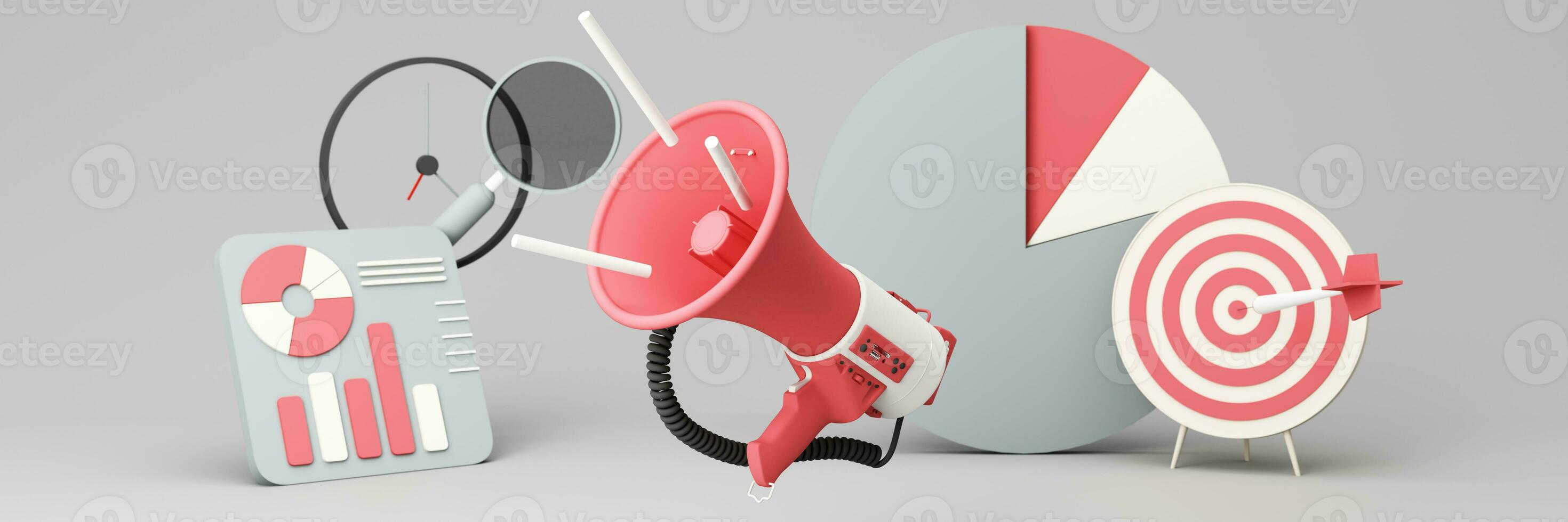 Hand holds a megaphone from a hole in the wall on a red background. Concept of hiring, advertising something. Banner. 3d rendering photo