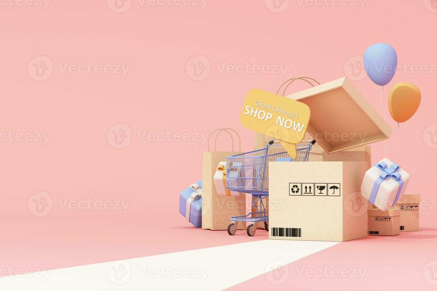 compras rebaja promoción bandera. compras carro, globo y regalo caja con compras bolsa. concepto de genial descuento, adecuado para negro viernes y aniversario en pastel antecedentes. 3d representación foto