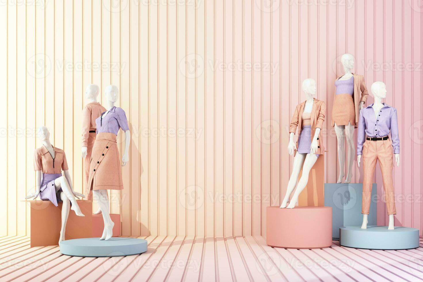 Statue of model mannequin in showcasing fashion formal clothes in abstract concept. isolate on multi color pastel background. promotion discount sale with geometric shape product stand. 3d rendering photo