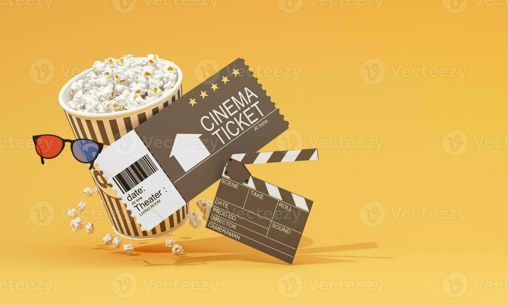 Movie time 3d render illustration. Cinema poster concept on color background. Composition with popcorn, clapperboard, 3d glasses and filmstrip. Cinema banner design for movie theater. photo