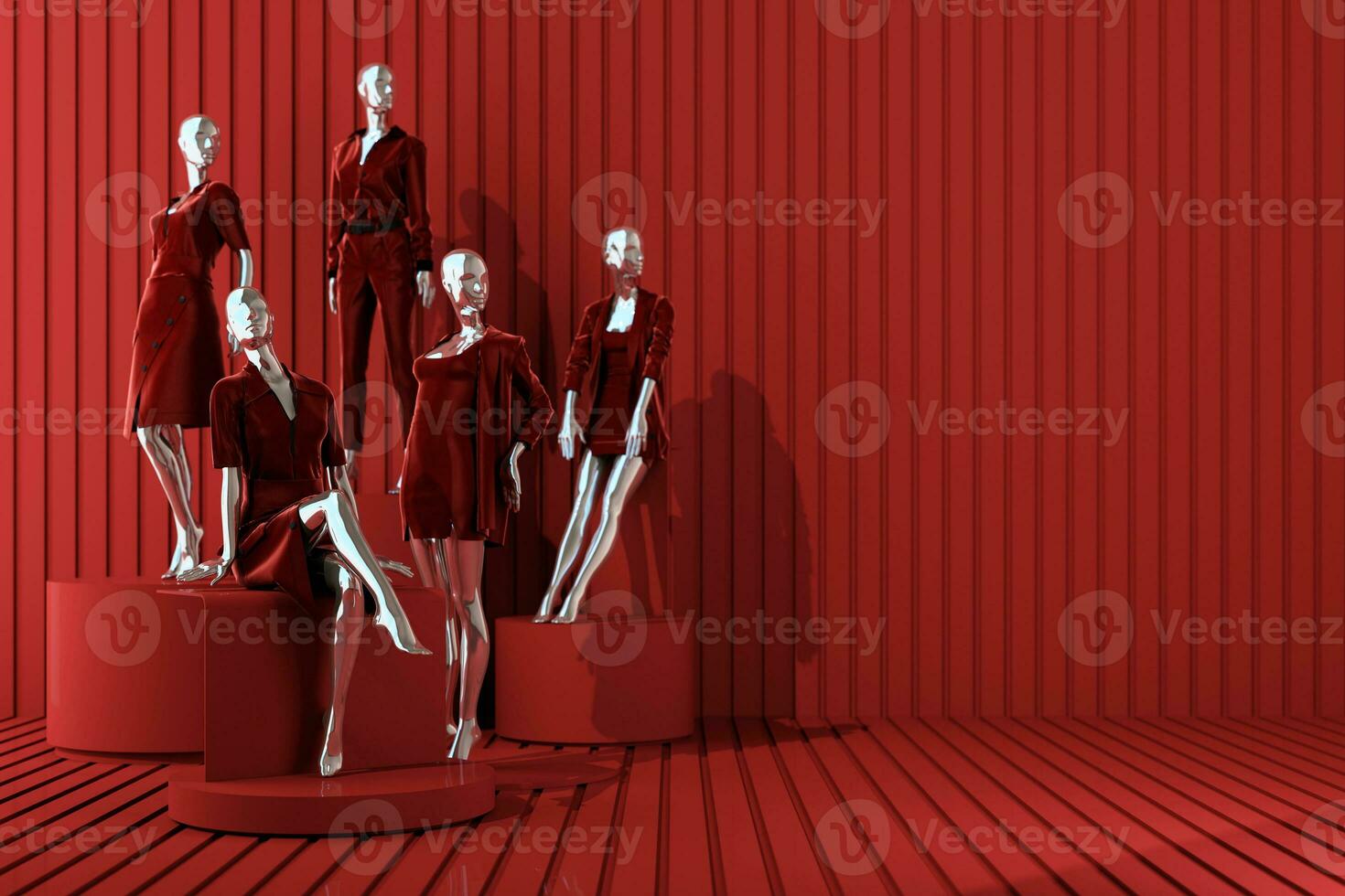 Statue of model mannequin in showcasing fashion formal clothes in abstract concept. isolate on multi color pastel background. promotion discount sale with geometric shape product stand. 3d rendering photo