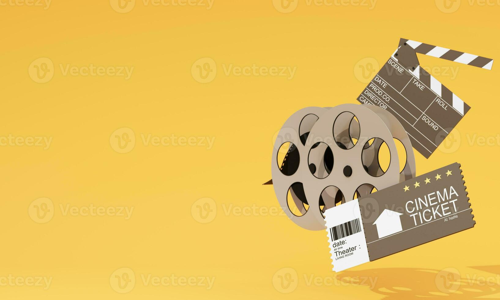 Movie time 3d render illustration. Cinema poster concept on color background. Composition with popcorn, clapperboard, 3d glasses and filmstrip. Cinema banner design for movie theater. photo