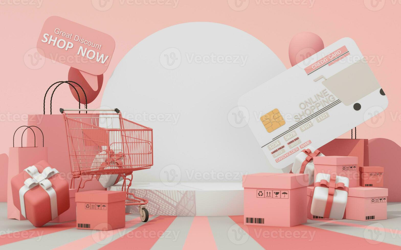 3d render of shopping sale promotion banner online. Full shopping cart on podium with shopping bag and cart and credit card. Concept of great discount, suitable for black friday and anniversary. photo