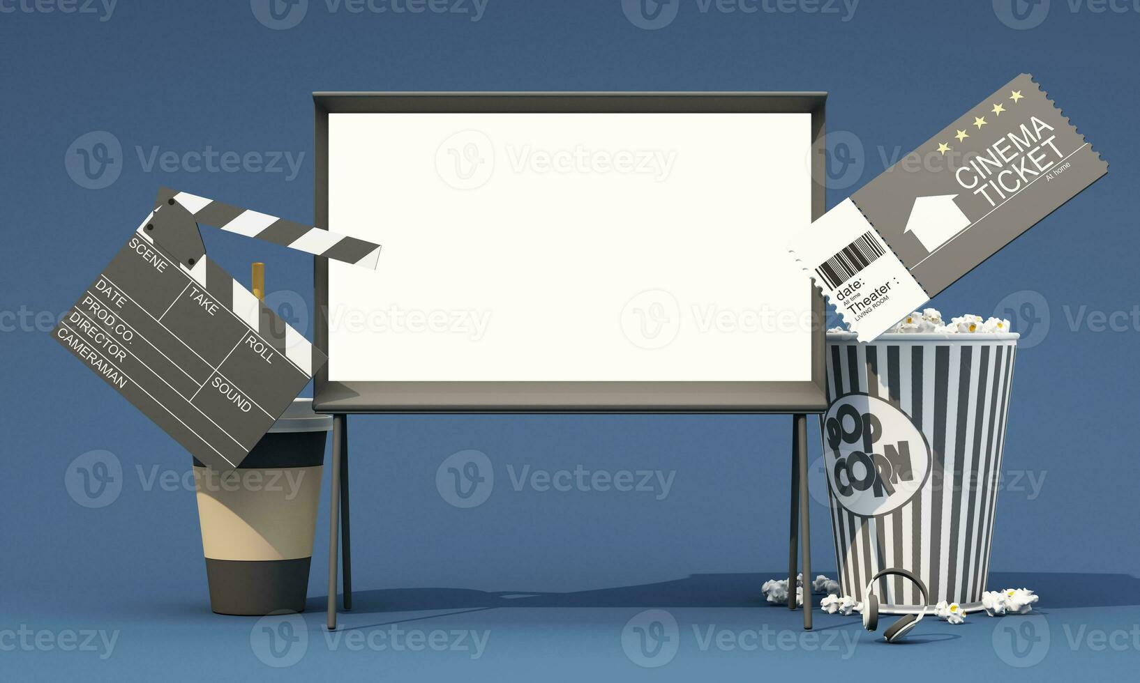 Movie time 3d render illustration. Cinema poster concept on color background. Composition with popcorn, clapperboard, 3d glasses and filmstrip. Cinema banner design for movie theater. photo