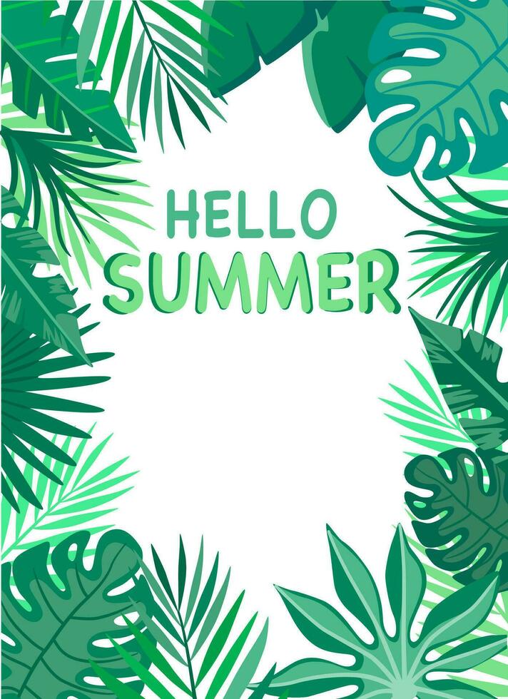 Hola verano póster con tropical hojas y Copiar espacio. vector
