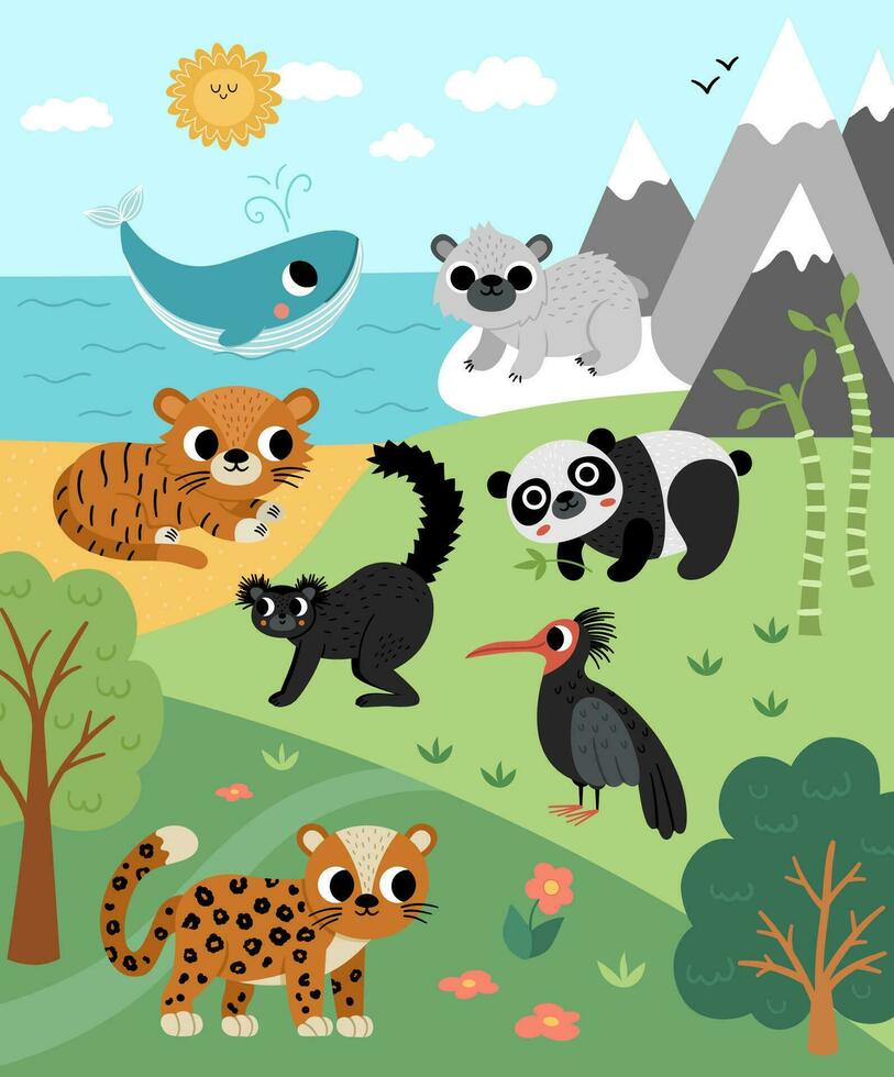 vector salvaje bosque, montañas, Oceano escena con árboles, extinto animales, aves. bosque paisaje con tigre, leopardo, panda, ballena, polar oso. salvaje naturaleza paisaje ilustración o antecedentes.