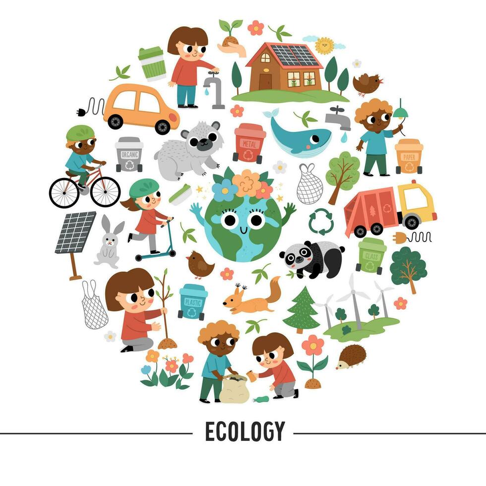 Vector ecological round frame with cute children caring of nature. Earth day card template for banners, invitations. Cute environment friendly illustration with planet, waste recycling